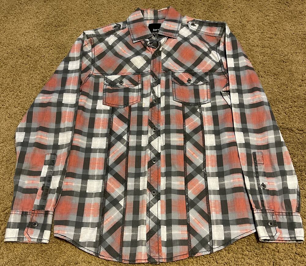 BAR 111 Long Sleeve Button Up Collared Gray/Red Plaid Mens Size S